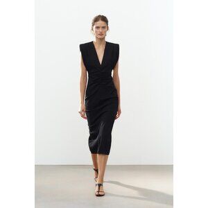 Zara Womens Sheath Dress L Black Midi Padded Shoulder Cocktail 2371/402 NWOT